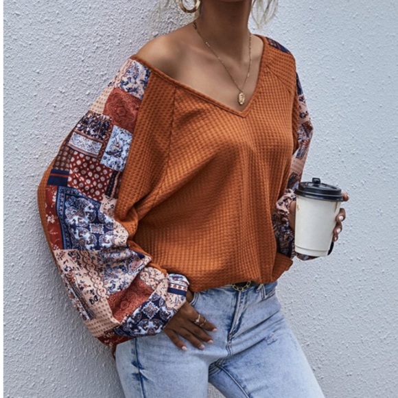 CLEARANCE Orange Fall Vibes Patchwork Waffle Long Sleeve Tee - Picture 6 of 8